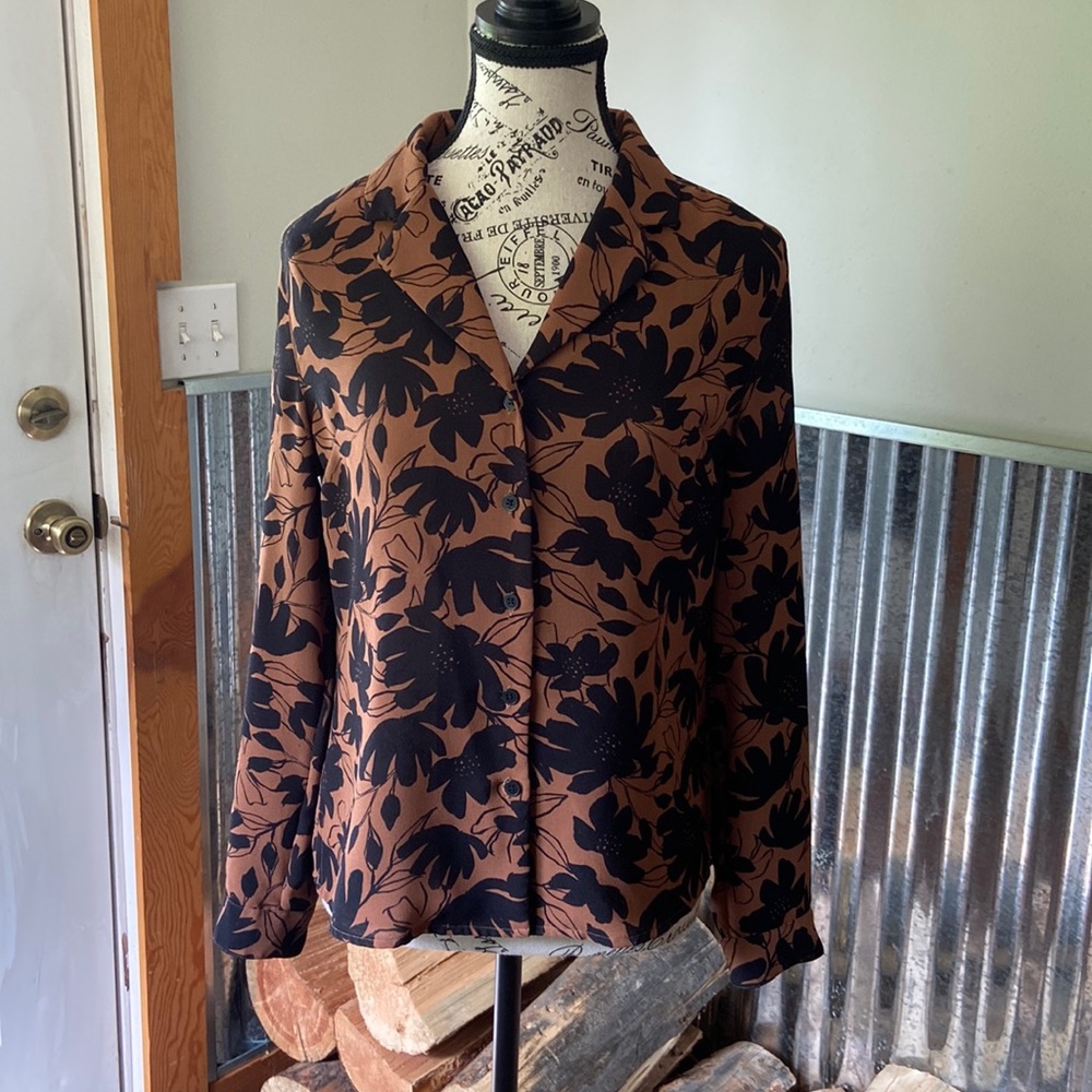Leaf Camp Collar Blouse Brown